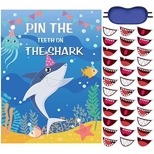 38 Pieces Shark Party Games Pin The Teeth on The Shark Party Games Shark Poster with Blindfolds and Stickers for Shark Theme Birthday Baby Shower Party Supplies