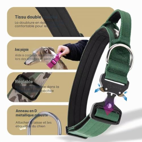 Collier tactique chien L vert réglable TSPRO avec boucle métallique