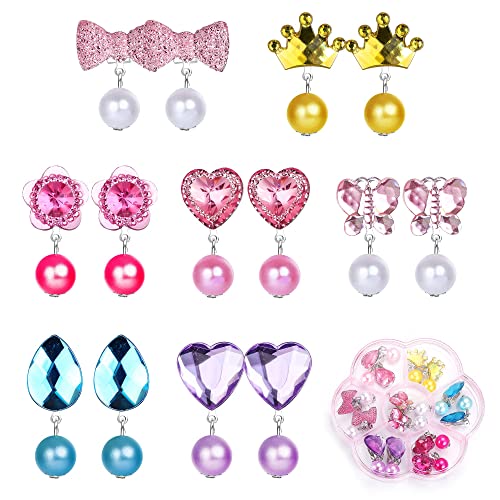 CASSIECA 7 Pares Pendientes de Princesa para Niñas Sin Piercing, Regalos de Cumpleaños con Caja de Joyas de Juguete