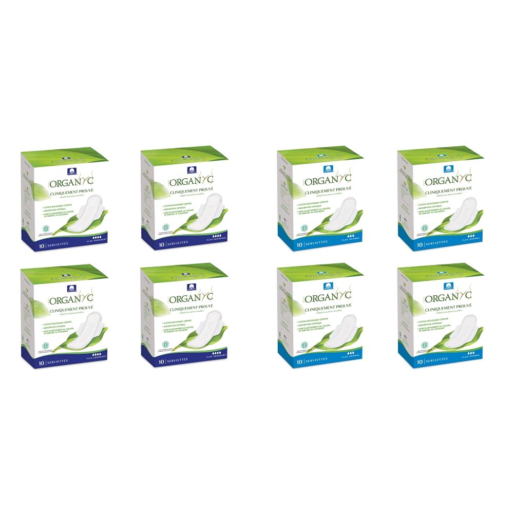 Organyc Serviettes Hygiéniques de Nuit avec des Ailes, 100% Coton, Bio, 10 Unités, Lot de 4 & Serviettes Hygiéniques Jour avec Ailettes, 100% Coton, Bio, 10 Unités, Lot de 4