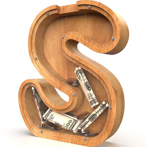 Image of Piggy Bank for Kids Boys Girls, Large Personalized Wooden Letter Piggy Bank with Cut-Out Design, Alphabet Letter Coin Banks, Money Savings Box, Wooden Bank for Kids Creative Gift for Real-Money(S)