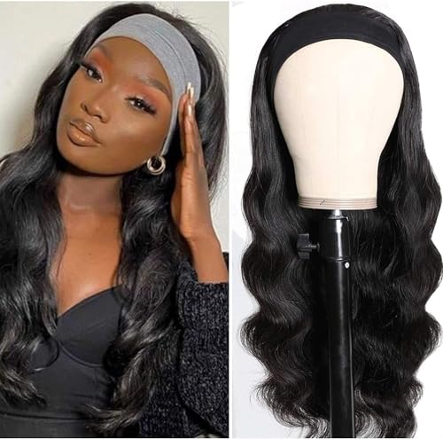Perruque bandeau cheveux humain brésilienne body wave ondulée noire 18 pouces