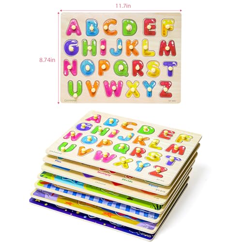 GRINNNIE Toddler Puzzle for 2 3 4 Years Old, 7PCS Montessori Kids Wooden Peg Puzzle Set (Dino Animal Shape Number Fruit..), Preschool Learning Puzzles Toy Gift for Boys Girls Birthday - Image 7