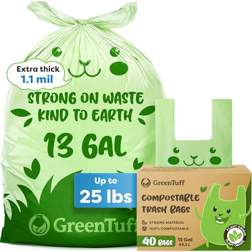 13 Gallon Compostable Trash Bags (40 Count) — Leakproof Plant-bas...