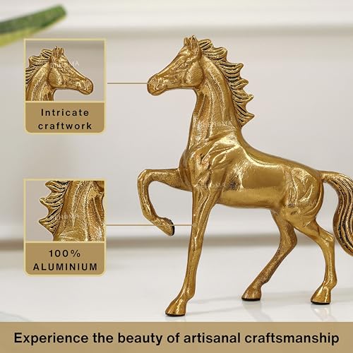 Image of BEHOMA Aluminium Horse Decorative Figurine Showpiece | Gold Finish Decorative Statue | Vastu Fengshui Wedding & Housewarming Elegant Modern Tabletop Art Showpiece | Golden