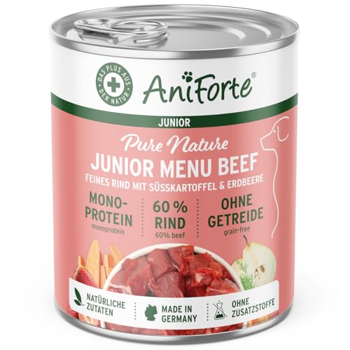 AniForte Hundefutter Nass Junior Rind 6 x 400g – Natürliches Nassfutter für Welpen, Junghunde im Wachstum, hoher Fleischanteil, Premium Welpennassfutter getreidefrei