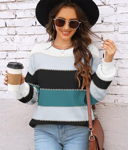 Image of Womens Sweaters Fall Fashion 2026 Color Block Oversized Pullover Knit Tops