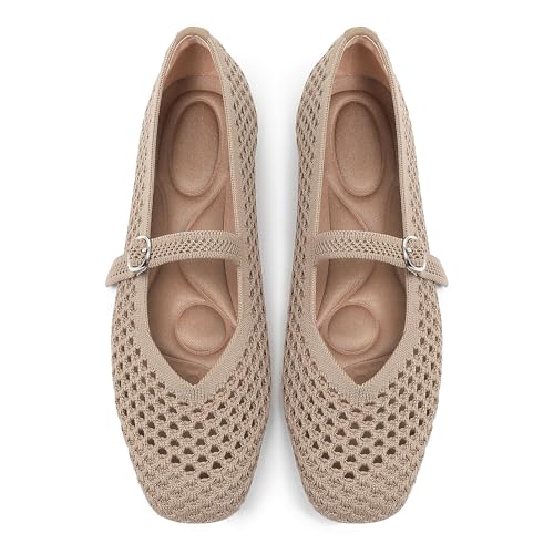 Chavies Woven Mary Jane Flats for Women, Square Toe Casual Ballet Flat Shoes with Ankle Strap Washable Comfortable Formal Mary Jane Flat Shoes Khaki-11