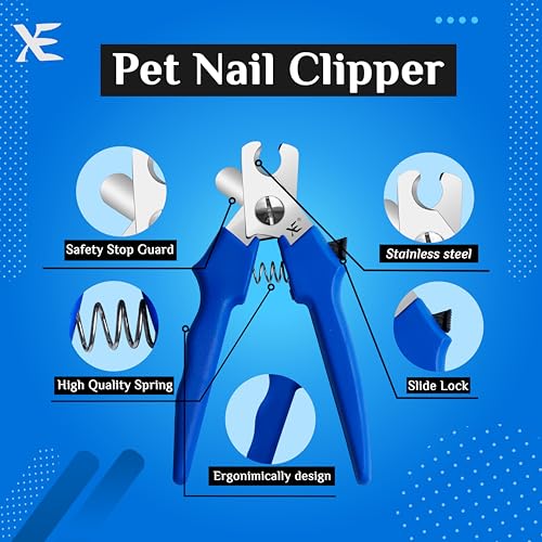 Image of XE Stainless Steel Pet Nail Clipper - Non-Slip Handle Nail Cutter for Pets with Protection Guard, Cat and Dog Claw Trimmer with Nail File, Professional Grooming Tool for Dogs, Cats & Other Pets