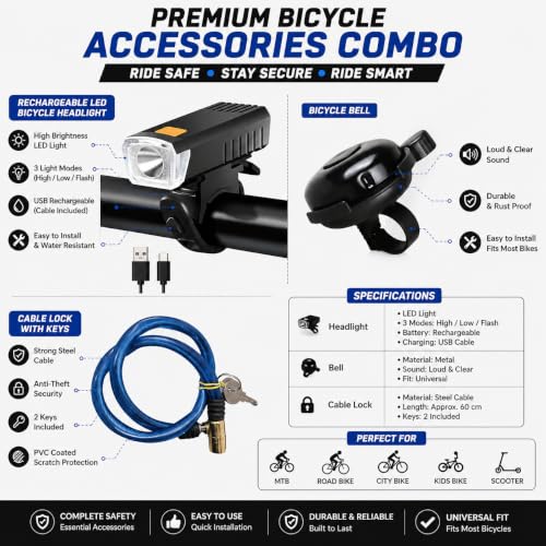 Image of USB Rechargeable Bicycle LED Headlight with Wire Lock & Bicycle Bell Combo | Front Bike Light with 3 Lighting Modes | Steel Cable Lock with Keys | Accessories Kit for MTB, Road, Hybrid & City Cycles