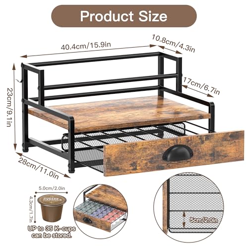 Coffee Syrup Rack Organizer, Coffee Pod Holder for Countertop, 8 Syrup Bottles Stand with Storage Drawer for 35 K Cups, Coffee Pod Drawer for Coffee Station, Home, Kitchen, Office, Dorm, Rustic Brown by Homedawn - Used condition - Image 2