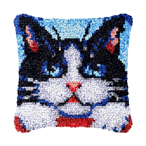 Image of bositigo Cat Latch Hook Pillow Kit for Adults & Kids, DIY Pre-Printed Canvas Craft, 17x17 Inch Decorative Cover for Sofa Cushions, Bedroom Decor (Cat Pattern 21)