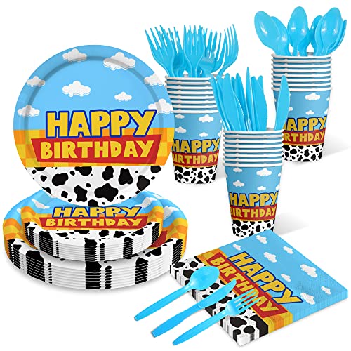 175Pcs Cartoon Birthday Party Supplies Cow Print Birthday Party Decorations Cartoon Plates and Napkins Tableware Set Blue Cloud Cow Print Party Supplies Kids 1st 2nd 3rd 4th Party Decor