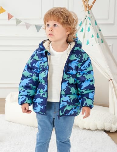 JunNeng Toddler Winter Coat Baby Puffer Jacket, Boy Hooded Dinosaur Coat, Blue Dinosaur 9-12 Months