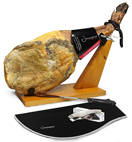 Iberico Ham (Shoulder) Grass-Fed Bone In From Spain + Ham Stand + Knife + Ham Cover + Ham Tongs - Jamon Iberico Pata Negra All Natural With Mediterranean Sea Salt #TOP7