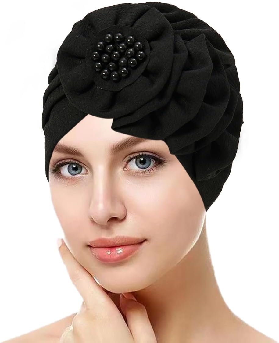Chemo Turban Caps for Women - Bead Flower Solid Headwear Hats Pre Tied Headwraps for Cancer Patients - Image 2