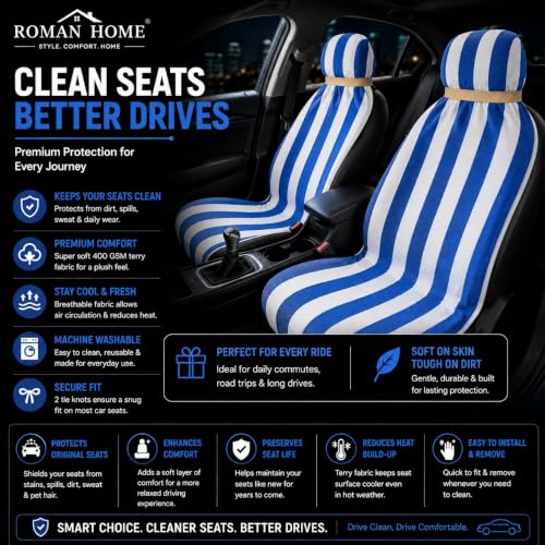 Image of ROMAN HOME Car & Office Chair Towel, Blue Stripe, 1Pc | 400 GSM, 2 Tie Knots