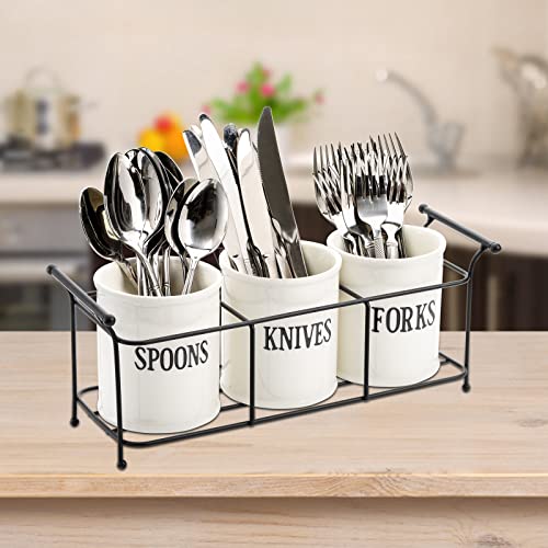 Bekith B-CERAMICCADDY-ROUND-HANDLE 3-Piece White Ceramic Silverware Caddy With Black Metal Rack, Utensil Holder Flatware Caddy Cutlery Storage Organizer thumb #5