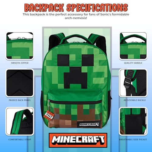 Image of AI ACCESSORY INNOVATIONS Minecraft Backpack for Boys & Girls, Big Face Creeper School Bag with Front Pocket, TNT Rubber Molded Dangle, Green