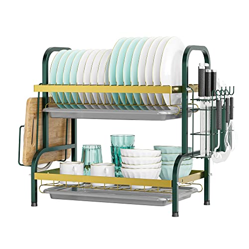 NETEL Dish Drying Rack, Dish Drainer Rack 2 Tier, Washing Up Rack,Draining Board Rack with Dish Tray, Plate Drying Rack with Utensil Holder