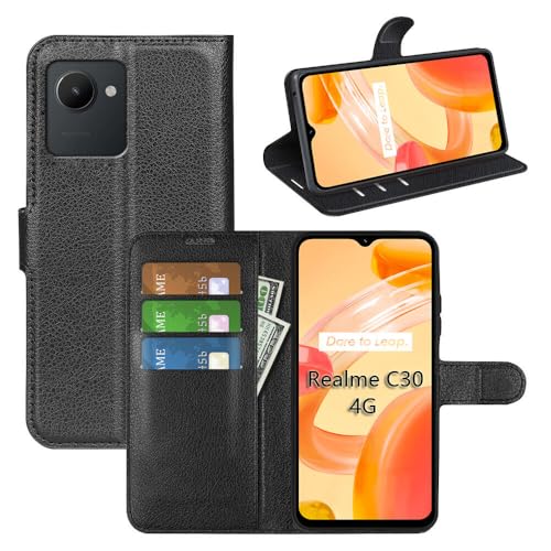 betterfon Handyhülle Kompatibel mit Realme C30 | hohe Qualität TPU Klapphülle für C30 mit Kartenfächern | Magnetverschluss Handyhülle | Schwarz