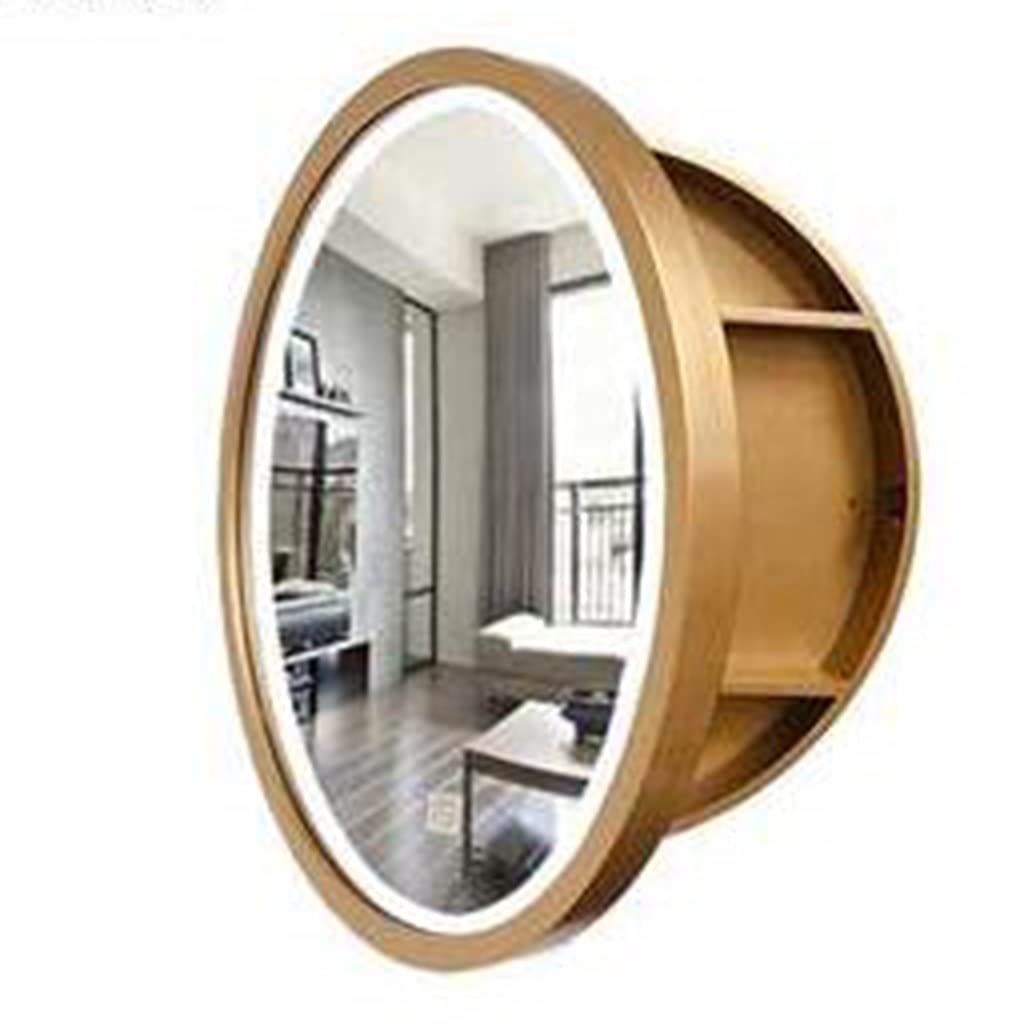 Gabinetes con Espejo para baño Baño Redondo Maquillaje de baño Espejo Redondo Inteligente de Madera Maciza montado en la Pared con luz (Color: Dorado, tamaño: 70 cm | 27,6 Pulgadas) (Oro 50