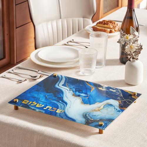 Rite Lite Glass Challah Board Blue Marble Design Shabbat Cutting Board Jewish Home Decor Challah Slicing Board Judaica Gift for Holiday & Sabbath Celebrations 15"L by Rite Lite - Image 2