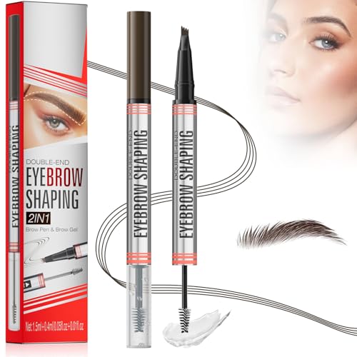 Augenbrauenstift mit Gel, 2025 Neu 2-in-1 Microblading Augenbrauenstift Augenbrauengel mit 4 Gabelspitzen, 3D Mikro Brow Pen Sealing Brow Gel Wasserfester Magischer Eyebrow Pencil (02#-Dunkelbraun)