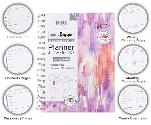 PlanAhead 2025 Planner - 9\"x7\" Weekly & Monthly 18 Month Academic Planner with Tabs, Large Print, Hardcover - Spiral Calendar Agenda for School & Work - No Color Selection Available, Chosen Randomly