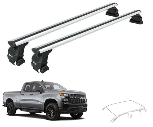 Roof Rack Cross Bars for Chevy Chevrolet Silverado 1500 Fits 3rdGen (2014–18) 4thGen (2019–2025) Bare Roof Clamp-On 330 lbs Capacity Aluminum T-Slot Bars Lockable Heavy-Duty No-Drilling (Silver)