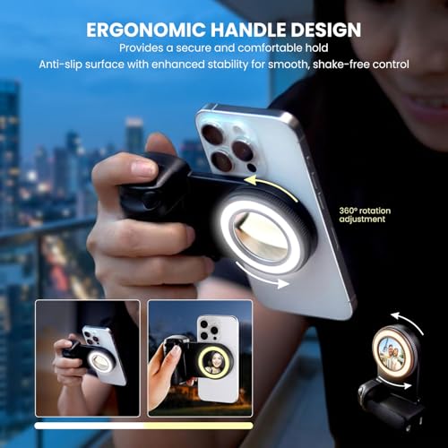 Image of Magnetic Selfie Light with Camera Grip Handle Rechargeable, Bluetooth Remote, Phone Holder, Compatible iPhone 17 /16 /15 /14 /13 /12 & Android