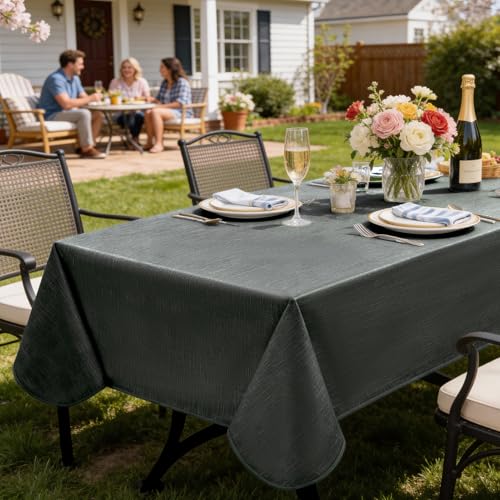 Image of Softalker Vinyl Tablecloth Rectangle, Outdoor 100% Waterproof Oil Proof Plastic Edge Binding Table Cloth, Heavy Duty Thick Wipeable PVC Table Covers for Picnic Dining Party - 54 x 120 Inch, Black