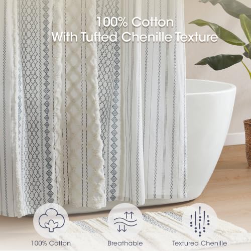 Image of INK+IVY Imani Tufted Chenille 100% Cotton Shower Curtain Boho Bath Curtains for Bathroom, Colorful Stripes Modern Farmhouse Shower Curtain,Bathtub Privacy Screen,Machine Washable 72 inch x 84 inch, White /Navy
