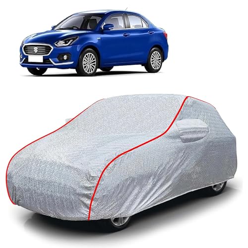 Image of Sulfar 100% Waterproof Car Body Cover Compatible with Mirror for Maruti Suzuki Swift Dzire (Triple Stitched, Full Bottom Elastic, Magic Silver with Red Piping)