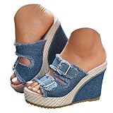 LEOUTJE Women's Denim Wedge Sandals 2026 Open Toe Platform Espadrilles Slingback Mules With Bow Casual Summer Beach Shoes For Travel Party Daily Wear​