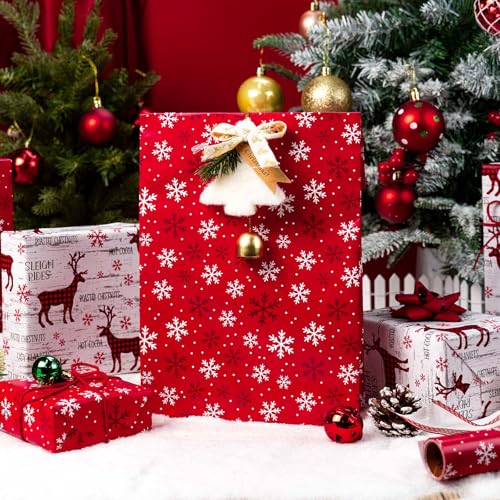 MAYPLUSS Christmas Wrapping Paper Roll, 17 Inch X 16.5 Feet Christmas Gift Wrapping Paper Featuring Reindeer Reversible Snowflake Thick Wrap Paper for Holiday Party New Year Kids
