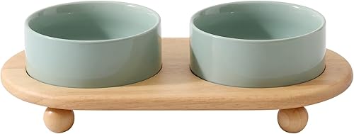 Cuenco elevado de cerámica para comida y agua, cuenco para gatito, plato elevado para gatos, comedero para gatos (2 x verde claro + soporte)