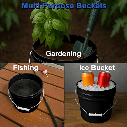 Image of MKS Plastics 1-Gallon Bucket with Airtight Lid - Made in USA, Food Grade BPA Free Plastic, Heavy Duty Multi-Use, Metal Handle with Grip, Stackable Storage - Black, 6 Pack