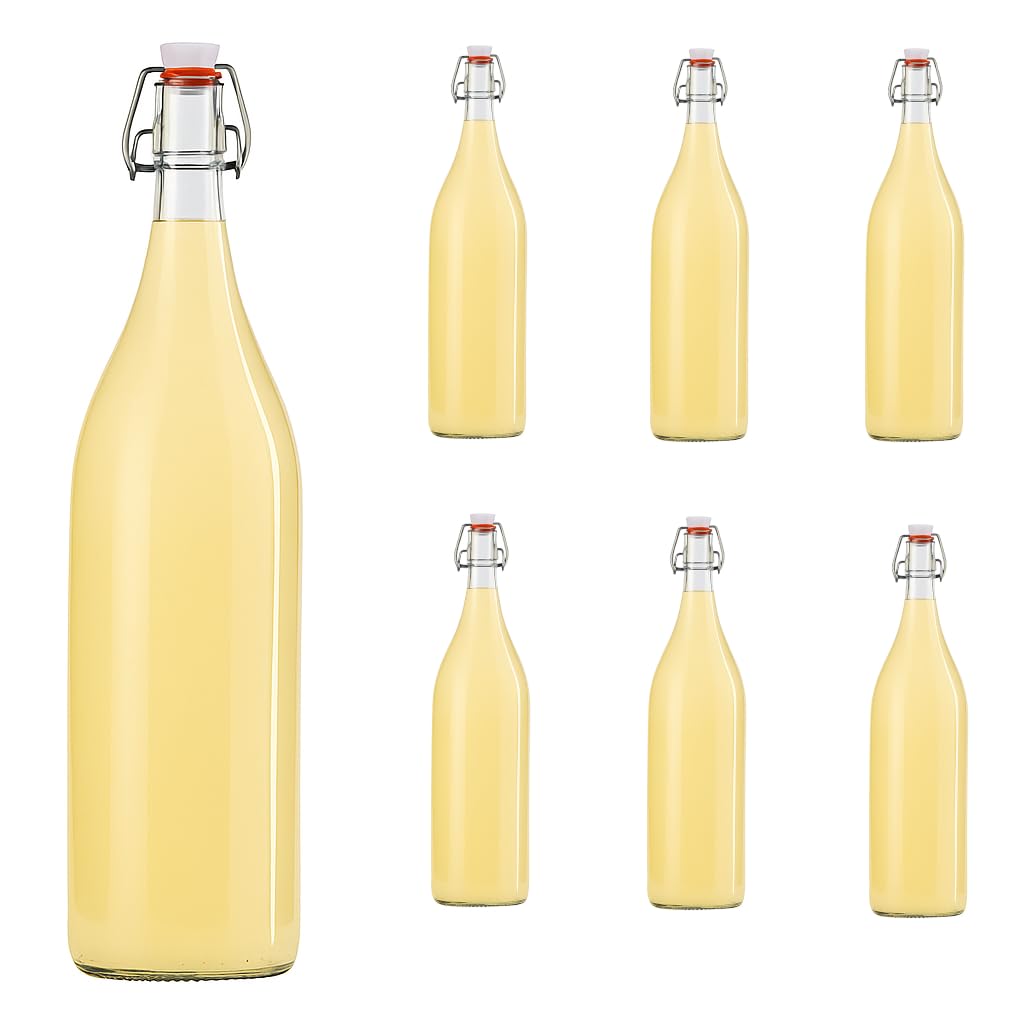 hocz 6x leere Bügelflaschen 1 Liter zum Befüllen Weiß - große Flaschen mit Bügelverschluss - 6er Bügel Glasflaschen Set für Saft, Getränke, Likör, Öl, Saucen - 6 Stück, 1000ml, Weiß