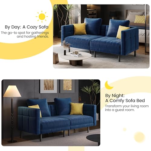 Yaheetech Trennbares Sofa mit Schlaffunktion, Schlafsofa 2 Sitzer aus Samtstoff, Schlafcouch mit 4 Kissen, 170x80x72.5 cm Multifunktionaler Schlafsessel fürs Wohnzimmer/Schlafzimmer/Gästezimmer, Blau