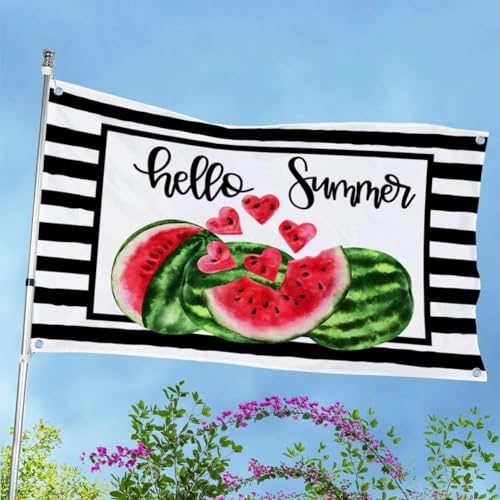 Baccessor Hello Summer Watermelon 3 X 5 FT Flag Double Sided Black Stripes Watermelon Fruit Cool Summer Large Big Yard Flag Seasonal Holiday Outdoor Outside Decoration