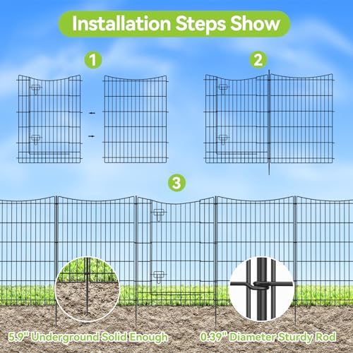 INJOPEXI Decorative Garden Fence 12 Panels 26ft(L)×36in(H) Metal Garden Fences with 11 Panels + 1 Gate, Animal Barrier Rabbit Fence Rustproof Wire Temporary Dog Fencing Outdoor for Backyard Lawn