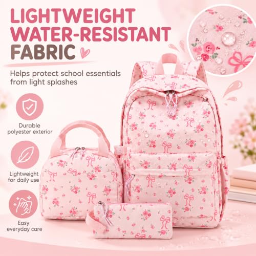Image of LOIDOU Kids Backpack for Teen Girls Bookbags School Backpack with Lunch Box and Pencil Case 3 in 1 School Bags Set (Flower Bow 2)