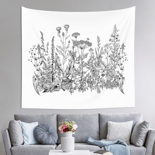 Tapisserie murale fleurs noires et blanches YFSGDLBN déco tissu 152x129 cm