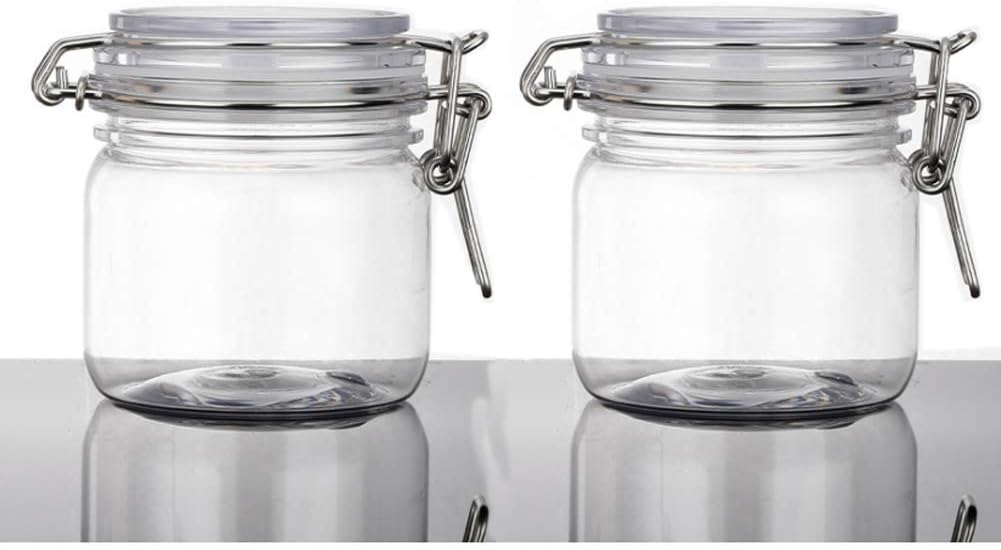 2Pcs 10 Oz/300ml Clear Round Plastic Home Kitchen Storage Sealed Jar Bottles with Leak Proof Rubber and Hinged Lid for Herbs, Spices, Candy, Gift, Arts and Crafts Storage Multi-purpose Container