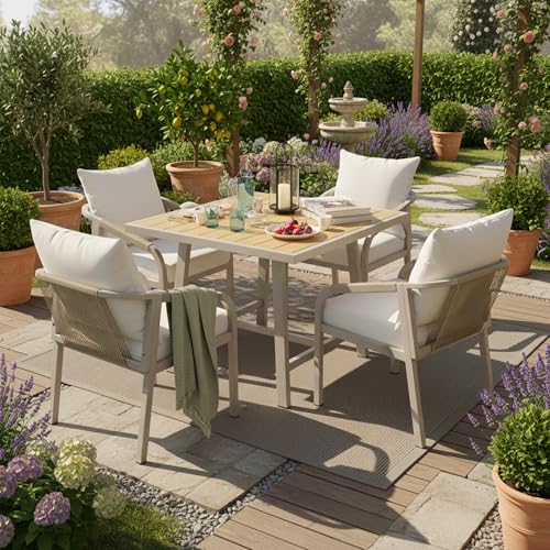 Merax 4 Seater Garden Furniture Set, Outdoor Patio Furniture with Galvanised Iron Frame, Includes 4 Chairs & Table with Plastic Wood Top, Rope Weave Chairs, Parasol Hole, Garden Dining Set, Beige