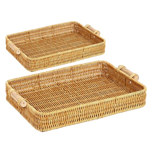 Bemonew 2 bandejas de Mimbre rectangulares con asa de plástico para Mesa de Comedor Mesa de Centro Pan Fruta y Aperitivos.