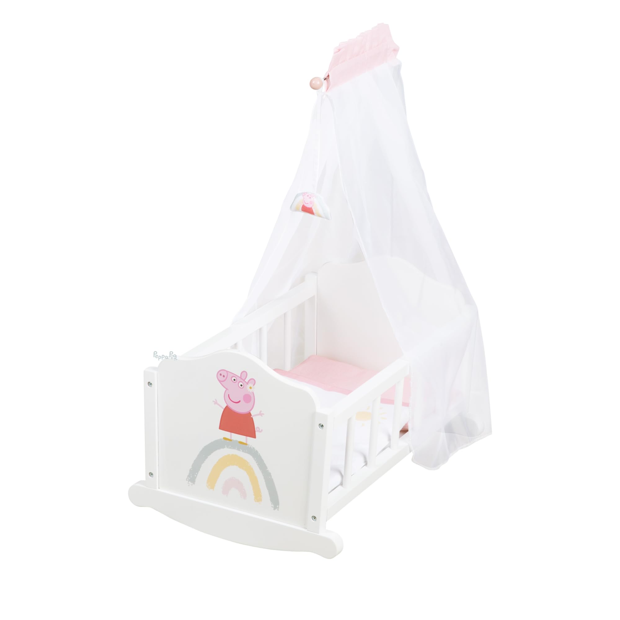 roba Peppa Pig Wooden Doll Cradle Including Accessories - Doll Bed with Pillow, Blanket & Canopy - Design from the Cartoon Series - Doll Furniture White/Pink Lacquered