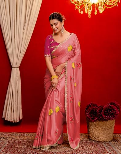 Image of SIRIL Women's Embroidery, Mirror Work, Scalloped Border Shimmer Georgette Saree With Unstitched Blouse Piece