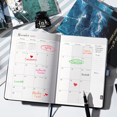 kalender 2026 - Terminplaner 2026 von Januar 2026 bis Dezember 2026, Kalender 2026 Buchkalender, Wochenplaner 2026 mit Innentasche, Elastischer Verschluss, 21.3 x 14.7cm